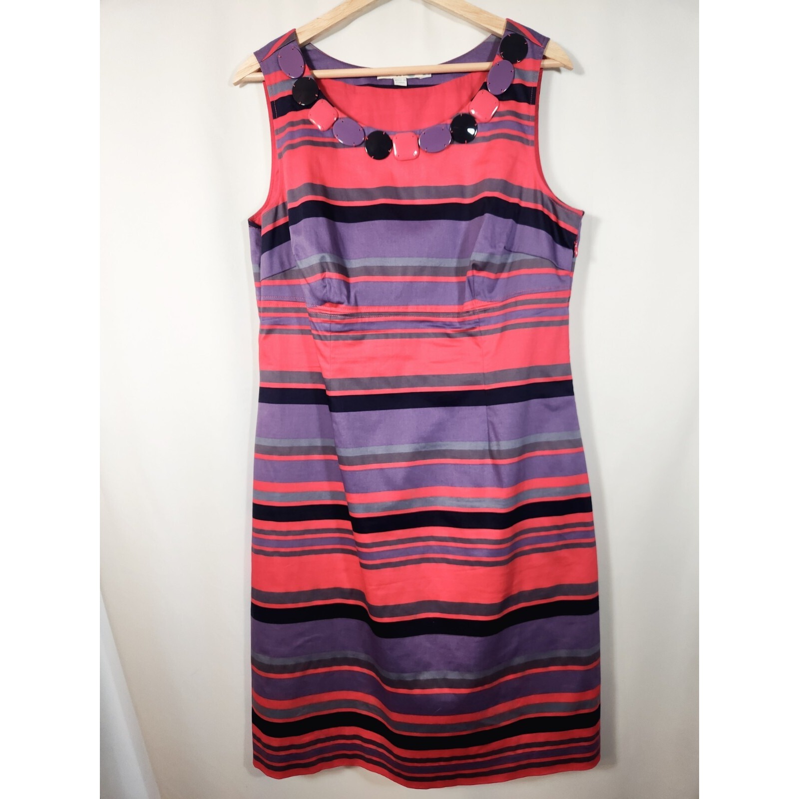 Boden Striped Sleeveless Sheath Dress Embellished Jewel Beaded Neckline Women 12